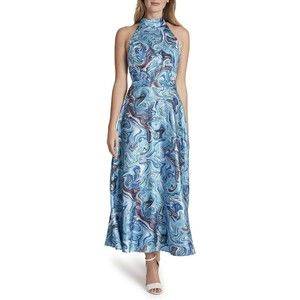 Tahari ASL Women's Sleeveless Mock Neck Marble Print Tie Back Blue Maxi Dress 14